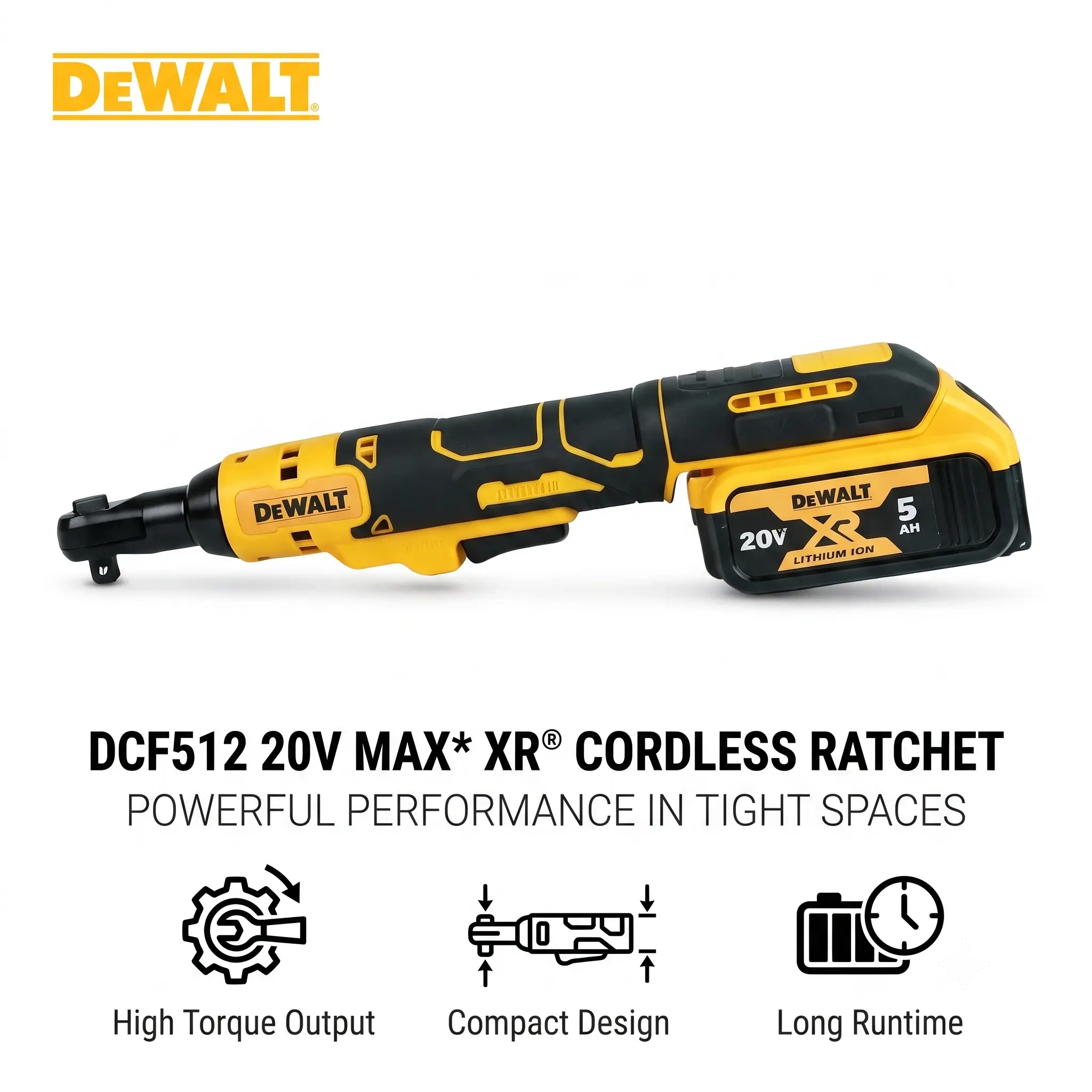 DEWALT DCF512 20V MAX Brushless Cordless Ratchet Wrench - 1/2 in Square Drive, 95 Nm High Torque Tool, 0-250 RPM Variable Speed, LED Lights, Rechargeable High Torque Cordless Power Tool for Auto Techs & Tight Space Fastening