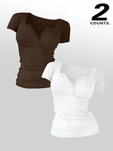 Women's Solid Color Plain Buttons 2 Pieces  V Neck Tee Top, Casual Minimalist Women's Short-Sleeve T-shirt For Summer, Ladies Basic Everyday Clothes for Daily Wear, TikTok Trending T-shirt Women Womenswear