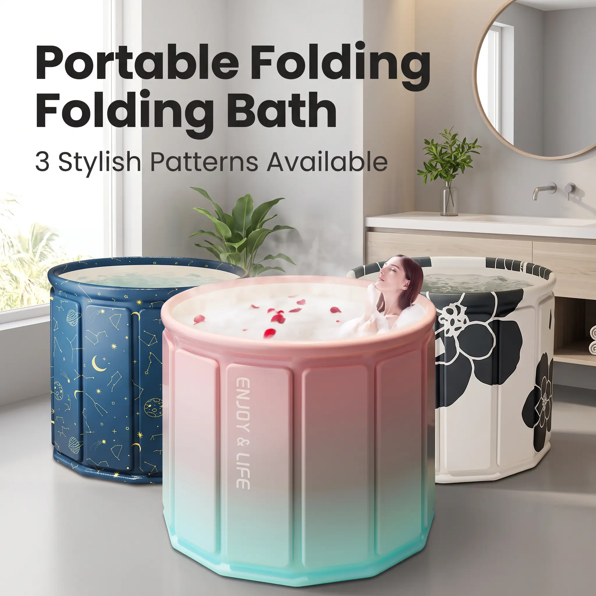 Portable Foldable Bathtub for Adults, 6-Layer Thick Thermal Insulation Bath Tub, Space Saving Foldable Soaking Tub, Warm Keeping 1 Hour, Ideal for Small Apartment, Private Home Spa Bathroom Tub, 3 Stylish Patterns Available