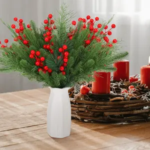 Artificial Pine Branches (60 Pcs) with Red Berries - Christmas Greenery Stems, Pine Picks, Xmas Stems & Cypress Branches for DIY Garland Wreath, Holiday Decoration | Home & Kitchen