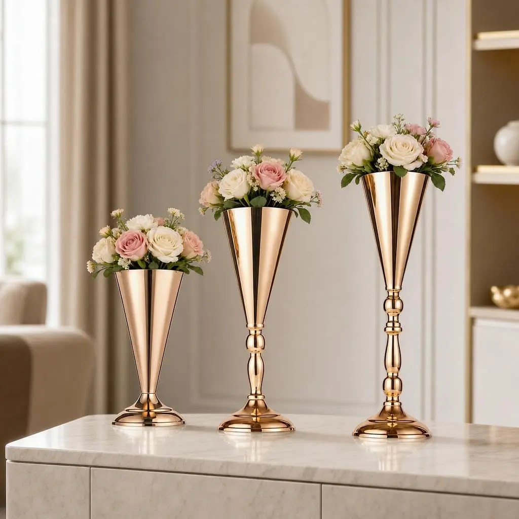 Gold Trumpet Vase Set of 3, Metal Wedding Centerpieces for Wedding Reception Party Anniversary Banquet Vases Decor