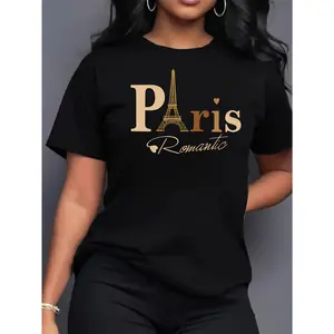 Eiffel Tower Patterned Print Comfortable Women'S Short-Sleeve T-Shirt Casual Sports Printed Women'S Top