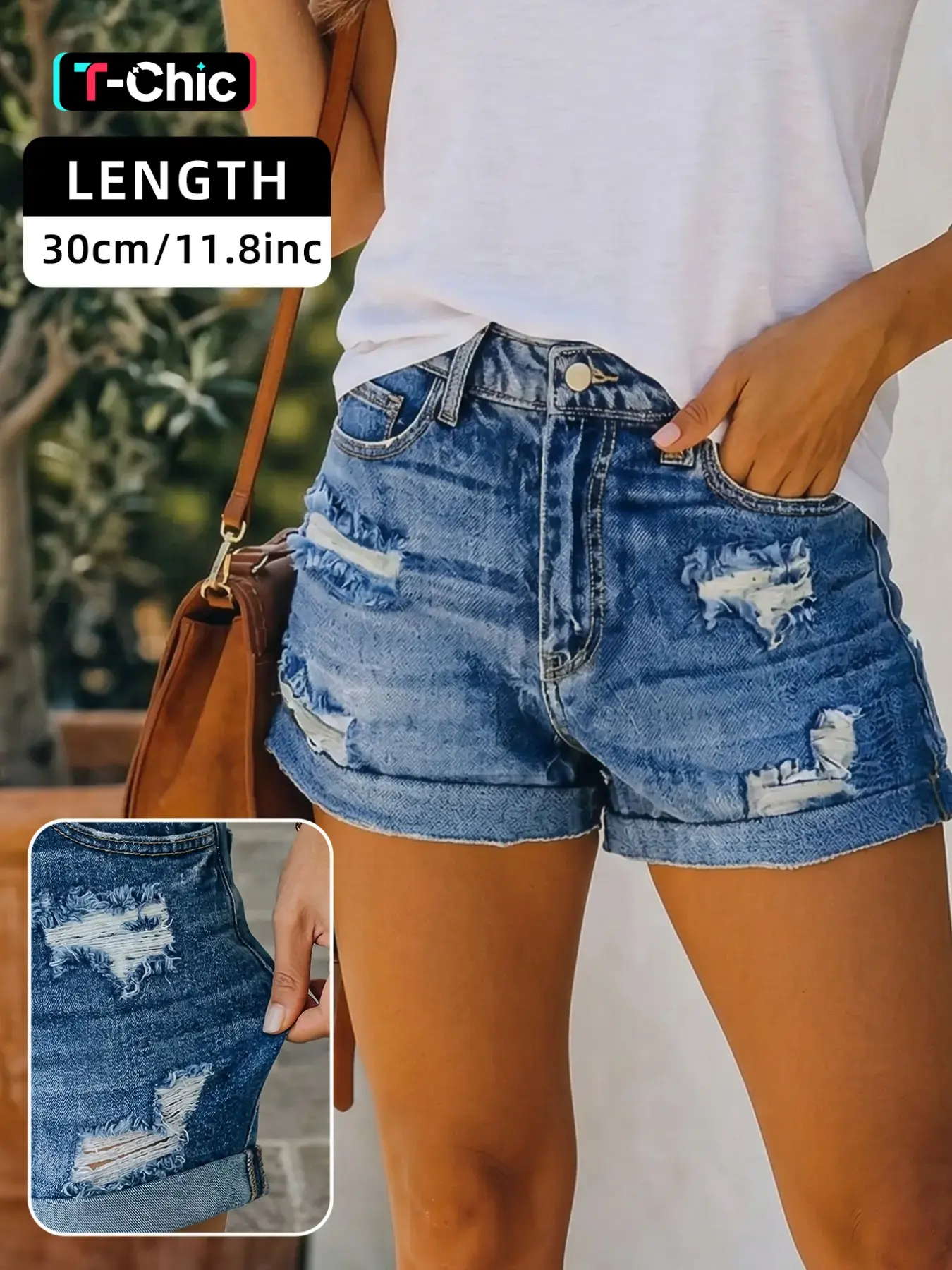 Women's High Waist Stretch Ripped Summer Denim Shorts, Casual Fitted Design with Pockets, All-Season Comfortable Jeans Short Pants, Bottom, Casual Comfy Shorts, Womenswear