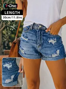 Women's High Waist Stretch Ripped Summer Denim Shorts, Casual Fitted Design with Pockets, All-Season Comfortable Jeans Short Pants, Bottom, Womenswear