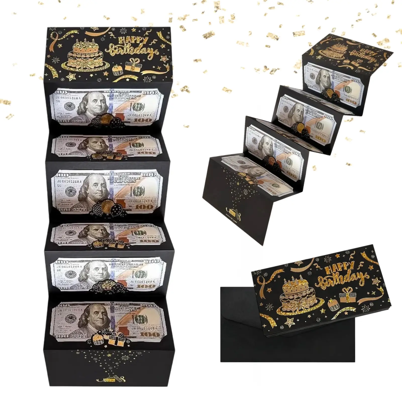 Black Gold Birthday Surprise Money Holder Envelope, 6-Slot Cash & Gift Card Storage, Reusable Party Keepsake Gift for Men, Women & Kids of All Ages