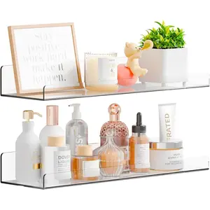 2 Pack 15"  Shelves for Wall,Bathroom,Bedroom - with Adhesive - No Drilling Clear Floating Shelves for  Pop,,Action Figures, Polish,Perfume Shelf and Wall Storage & Display