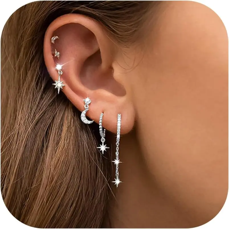 6 Pcs/6 Pairs Hypoallergenic 925 Sterling Silver Stud Post 14K Gold Earrings for Women Moon Star Hoop Stackable Cubic Zirconia Chain Dangle Earring Set Stacks for Multiple Piercings