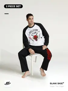 Stranger Things 「2-Piece Set」 Hellfire Club Comfortable Breathable Patchwork Long Sleeve + Pants, Casual Loose Fit Unisex Home Wear