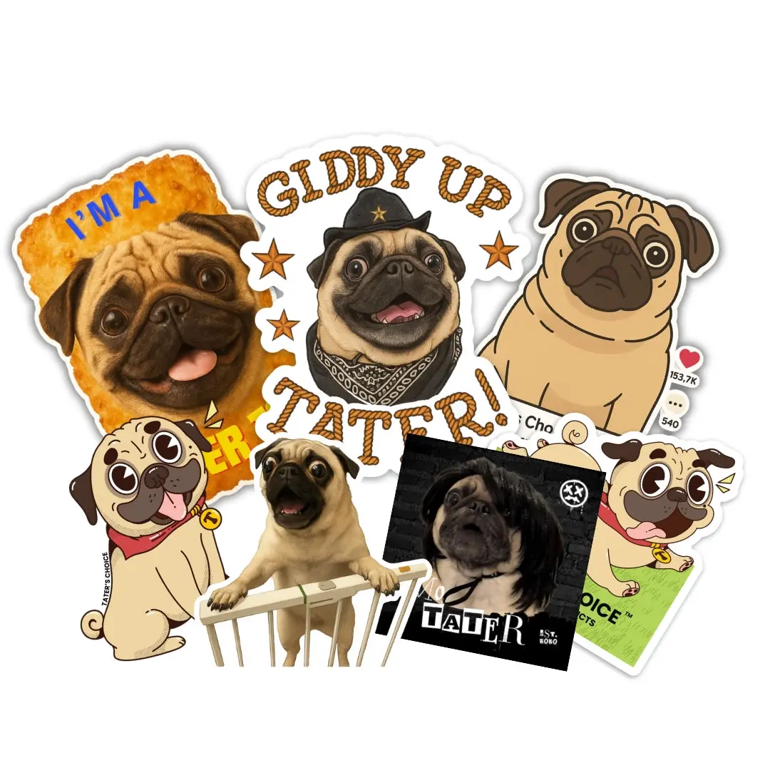 Tater the Pug Vinyl Sticker Pack - Set of 7 Waterproof Stickers Featuring Iconic Pug Designs for Personalization & Gifts