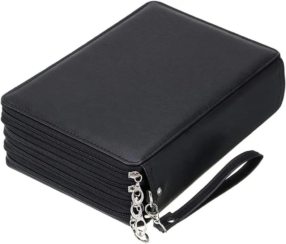 BTSKY 200 Slots Colored Pencil Organizer - Deluxe PU Leather Pencil Case Holder with Removal Handle Strap Pencil Box Large for Colored Pencils Watercolor Pencils (Black) Gift