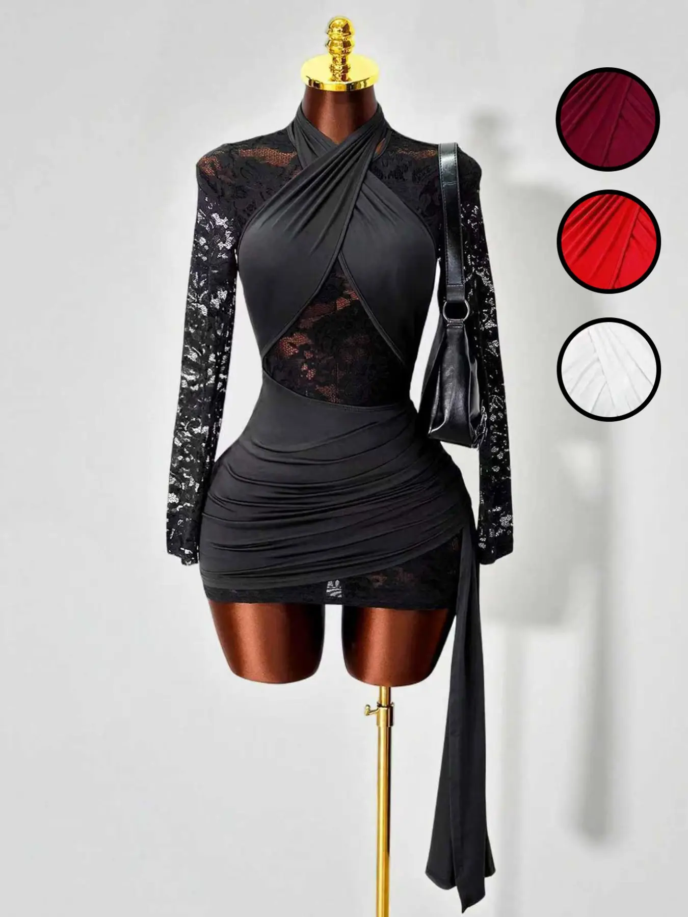 Women's Sexy Elegant Sheer Patchwork Lace Halter-Neck Long Sleeve Bodycon  Dress Womenswear Formal Wear for Dates, Stage, Party, Elegance - TikTok Shop