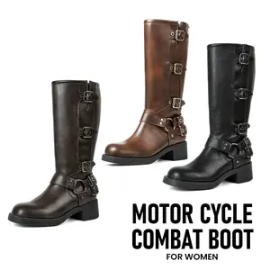 CYNLLIO Motor Cycle Combat Boots Women Round Toe Pull On Boot Wide Calf Riding Boots Fashion Buckles Chunky Boots Casual Vintage Buckle Rivet Spring Rocky Boots Chunky Heels Vintage Riding Boots