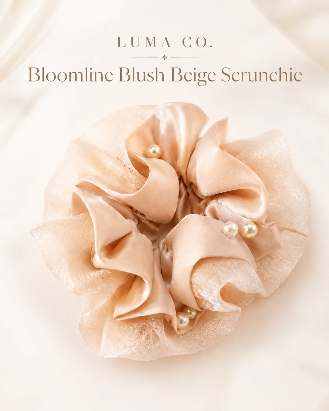 Bloomline Blush Beige Hair Scrunchie, Layered Satin Ruffle Hair Tie with Pearl Accents