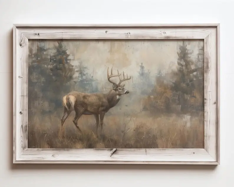 Vintage Deer Landscape Wall Art, Rustic Woodland Hunting Print, Dark Forest Cabin Decor, Antique Stag Wildlife Poster, Man Cave Wall Art