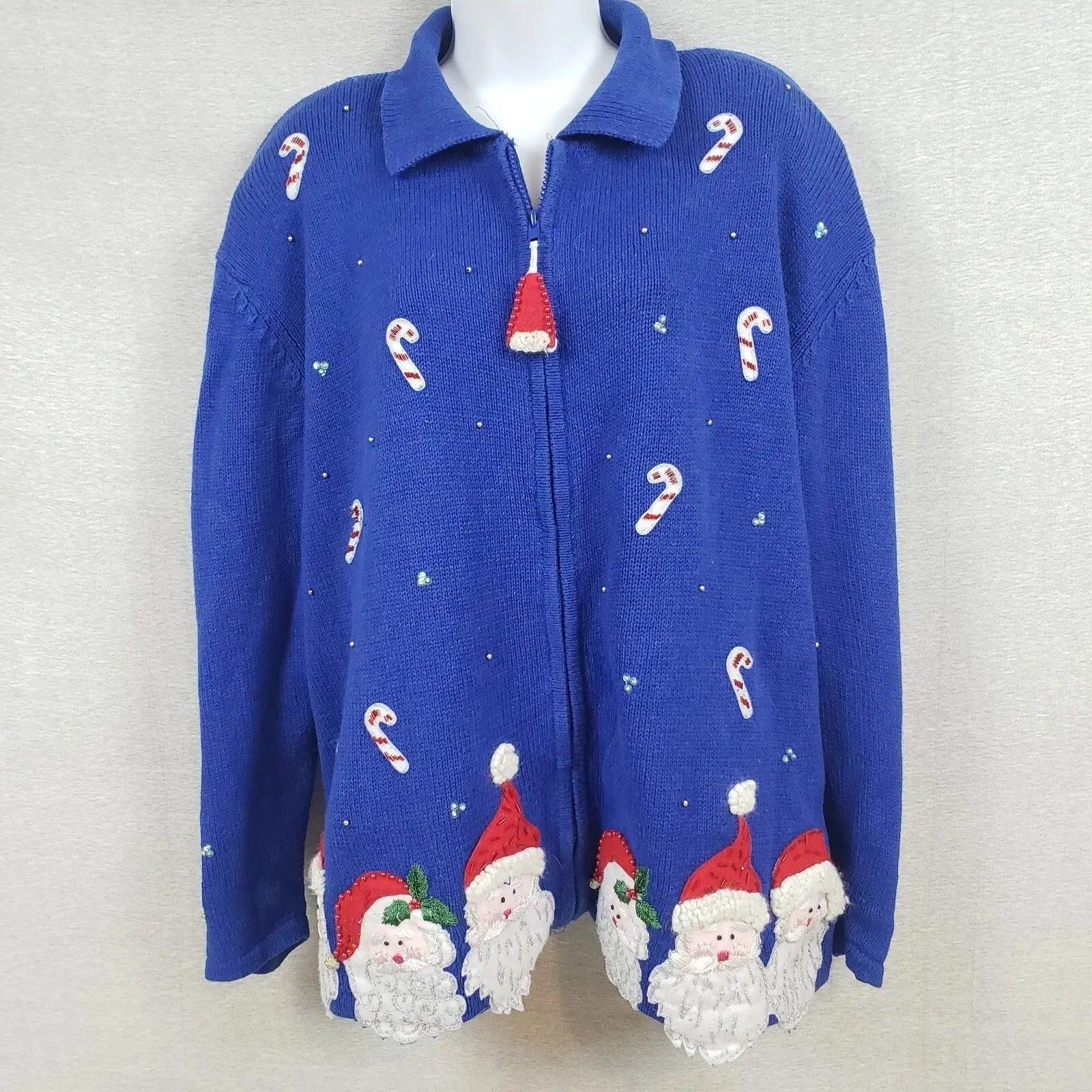 Heirloom Cardigan Sweater Christmas Collectibles 1XL Blue Santa Candy Cane 2004