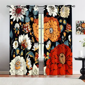 Bohemian Floral 50% Light Blocking Curtains for Bedroom, 2 Panels Medieval Plant Curtains for Living Room, Thermal Insulation, Home Decorative Curtain, Window Curtain