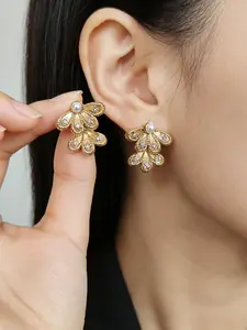 304 stainless steel peacock feather earrings, ear studs, dangle earrings, stainless steel inlaid with zircon, feather-shaped earrings, pearl ear studs, 18K gold plated, for daily wear/parties/gifts for women.