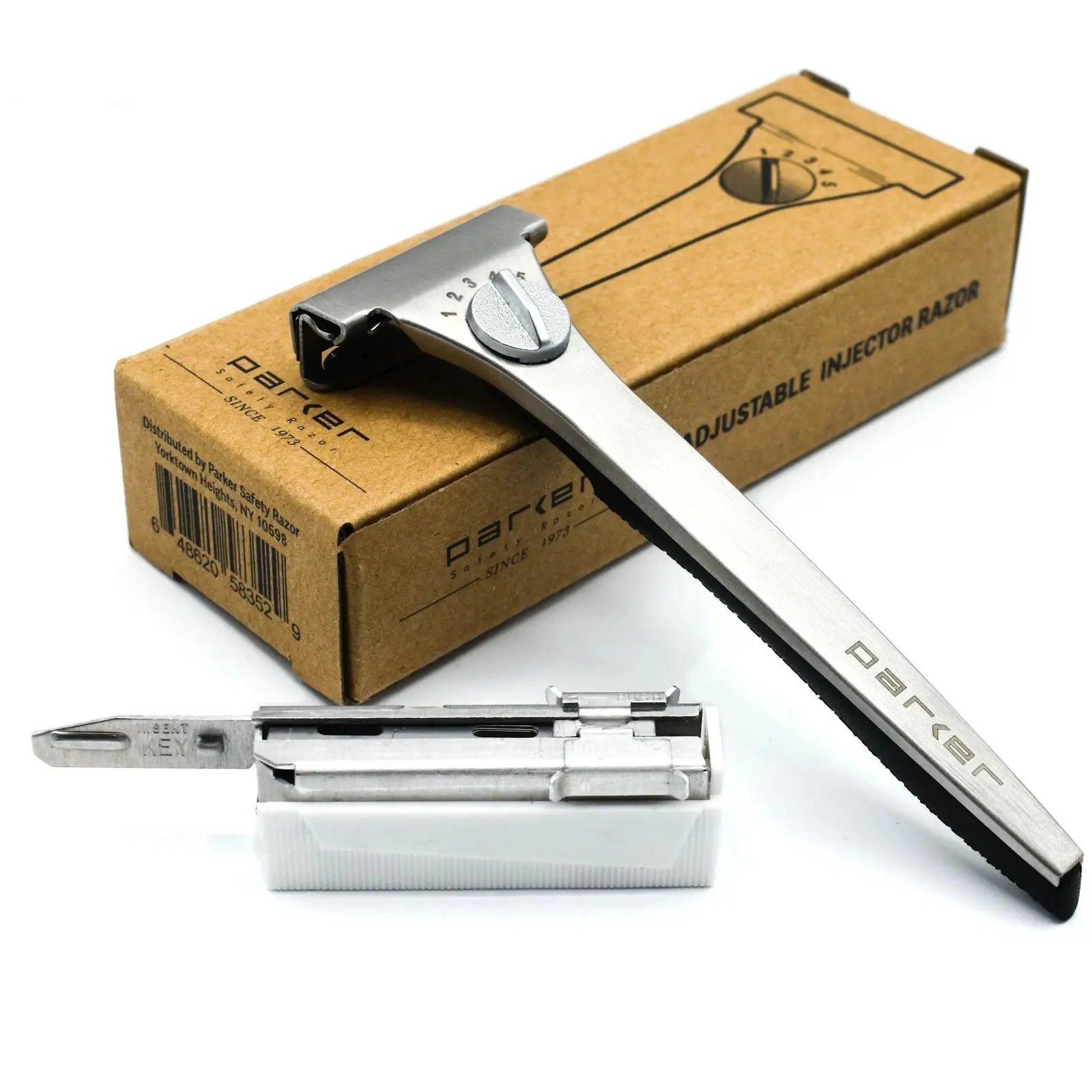 Parker Adjustable Stainless Steel-Plastic Handle Injector Razor for Sensitive Skin - New Model with 20 Blades, Smooth, Mild, Safety Razor, Razor Bumps