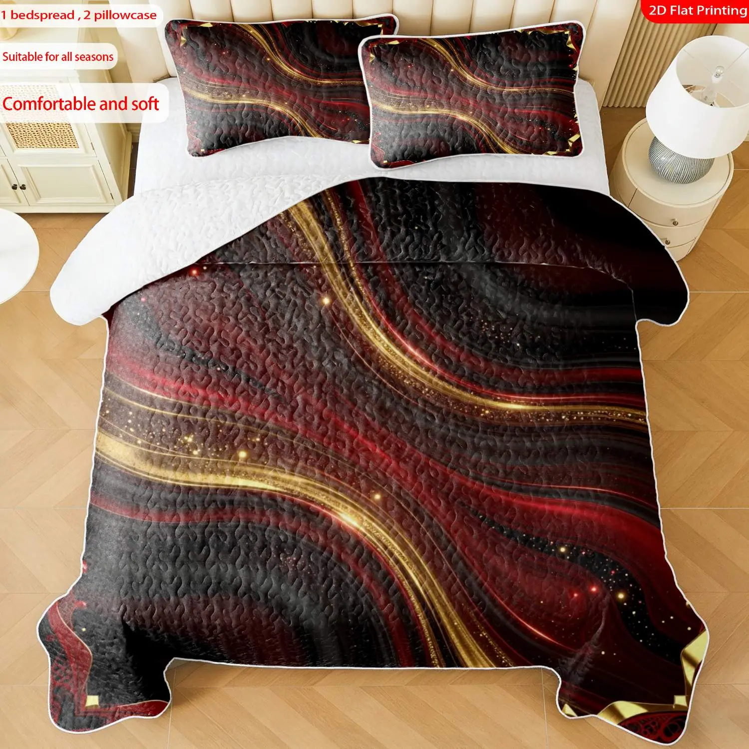 3 pcs, 2D flat print Luxury Red Gold Swirl bed cover set, Elegant Festive Theme, multiple sizes available, bedding set, festive decorative bedding, ideal for bedroom décor(1 bedspread , 2 pillowcase)