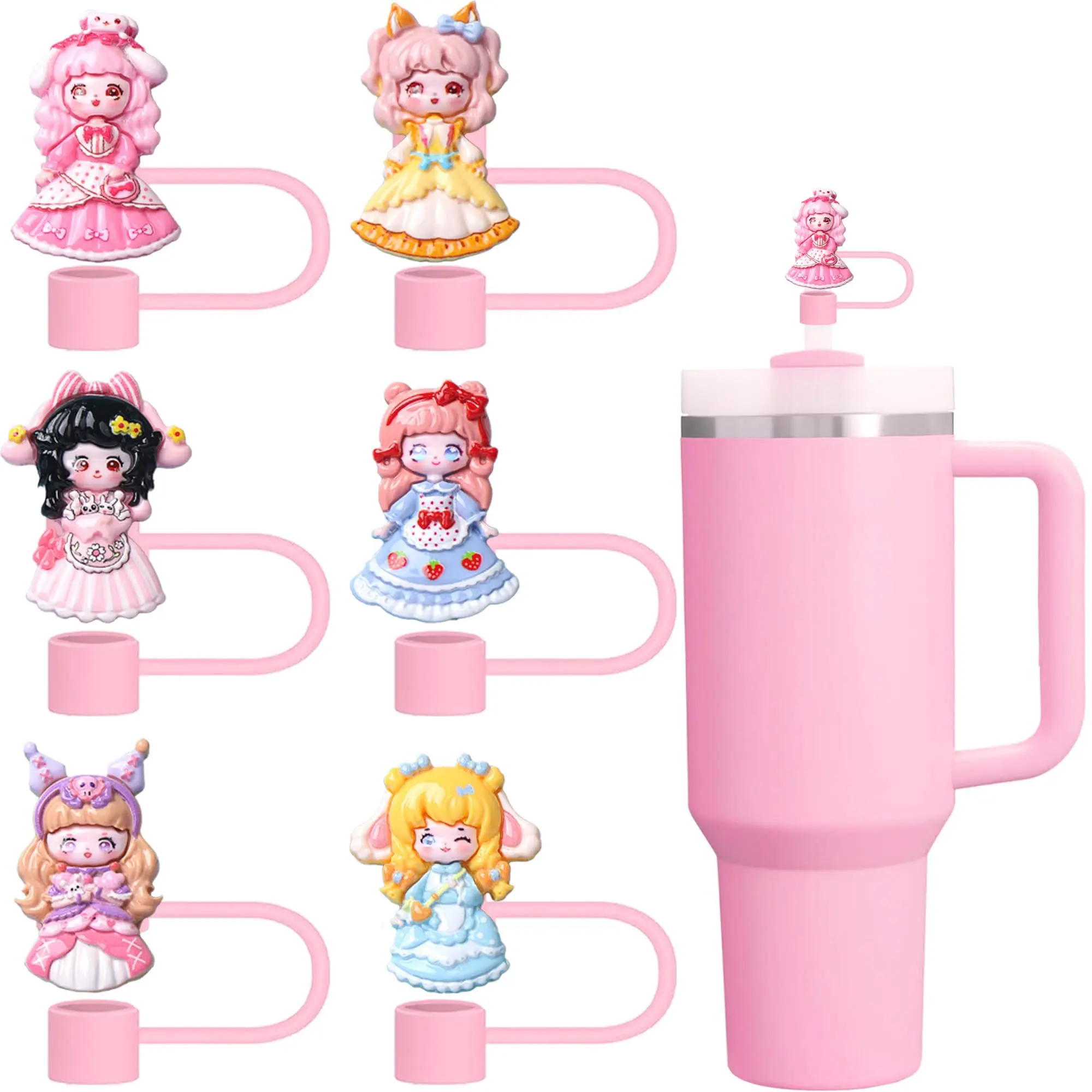 Pink Straw Toppers Set  6pcs 10mm Princess Covers Cap Compatible With Cups 30&40 Oz Tumbler Handle Reusable Silicone Drinking Tips Accessories For