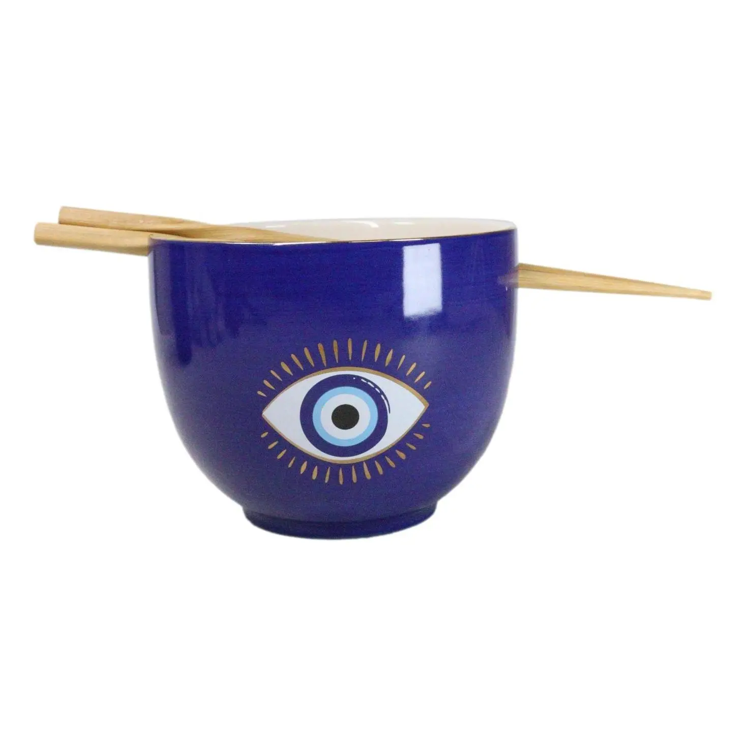 Blue And Gold Wicca Mystic Evil Eye Of Providence Porcelain Bowl With Chopsticks