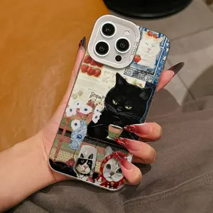 Vintage Cat Tea Drinking Pattern Tpu Anti-Drop Phone Case for iPhone 6/7/8/x/XS/XR/XS Max/11/12/13/14/15/16/17 Pro Max, Gift for Women and Girls