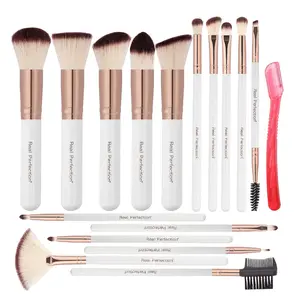 Real Perfection Makeup Brush Set 16 Pcs with 1 Eyebrow Razor Premium Synthetic Foundation Powder Concealers Eyeshadow Blush Brushes Kit White Cruelty-Free
