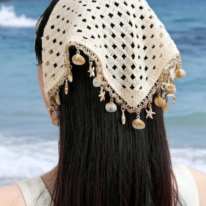 Boho Summer Women's Crochet Head Scarf with Seashells and Starfish Accents, Lace Trim, Fashion Hair Scarves, Ideal for Beach, Vacations & Daily Use, Casual Hair Accessory