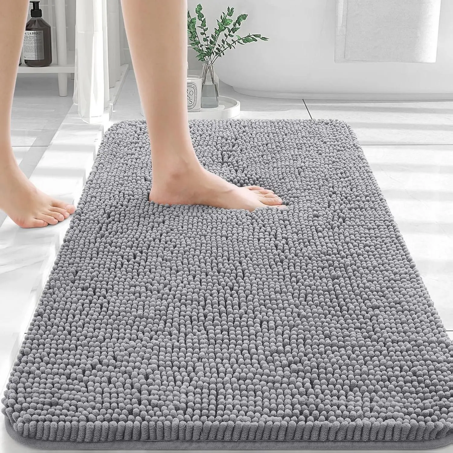 Bathroom Rugs 30x20, Extra Soft Absorbent Chenille Bath Rugs, Rubber Backing Quick Dry, Machine Washable Bath Mats for Bathroom Floor, Tub and Shower, Home Decor Accessories, Grey Microfiber Cozy