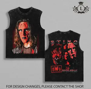 Sting Iconic Wrestling Legend Apparel, Double Side Printed Vintage 90s Washed T-Shirt and Tank Top, Oversized Unisex 100% Cotton, Classic Face Paint Crow Style Graphic Tees, Retro Pro Wrestling Streetwear Gift for Fans