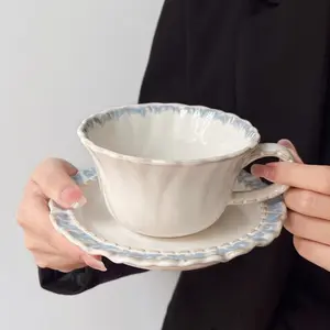 Vintage Palace Style Blue Skirt Latte Art Cup Set, Elegant Carved Ceramic Coffee Mug, Breakfast Water Cup, Mug Set, Latte Mugs for Tea Coffee Milk for Home Office Espresso Cups, Perfect Gift for Coffee Lovers, Stylish Latte Art Mug