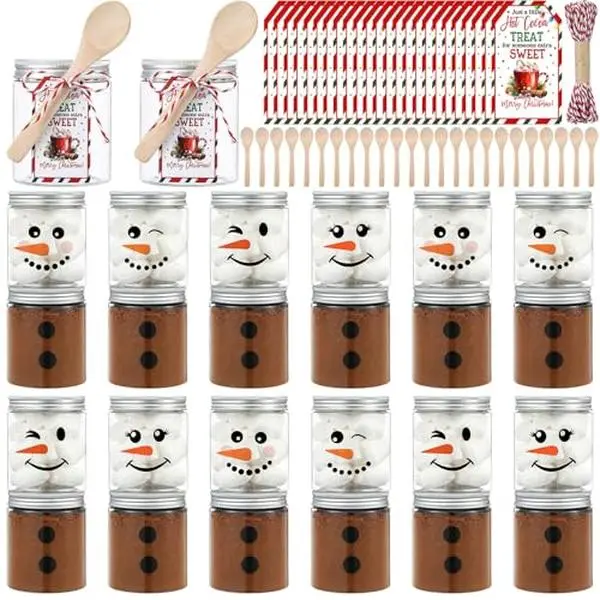 12/24Sets Christmas Hot Chocolate Bar Supplies Snowman Jars with Lids Including 8 oz Clear Plastic Jars with Lid and Wooden Spoon Snowman Stickers Merry Christmas Tag Visit the Vesici Store
