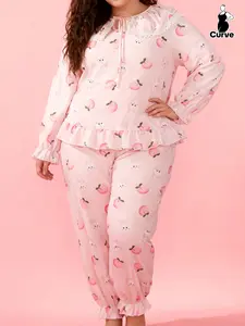 Plus Size Fashion Women's Homecoming Set, Spring Sweet Easter Peach Rabbit Print Long Sleeve Blouse + Pants Sleepwear 2 Piece Suit Cute Pajama Sets