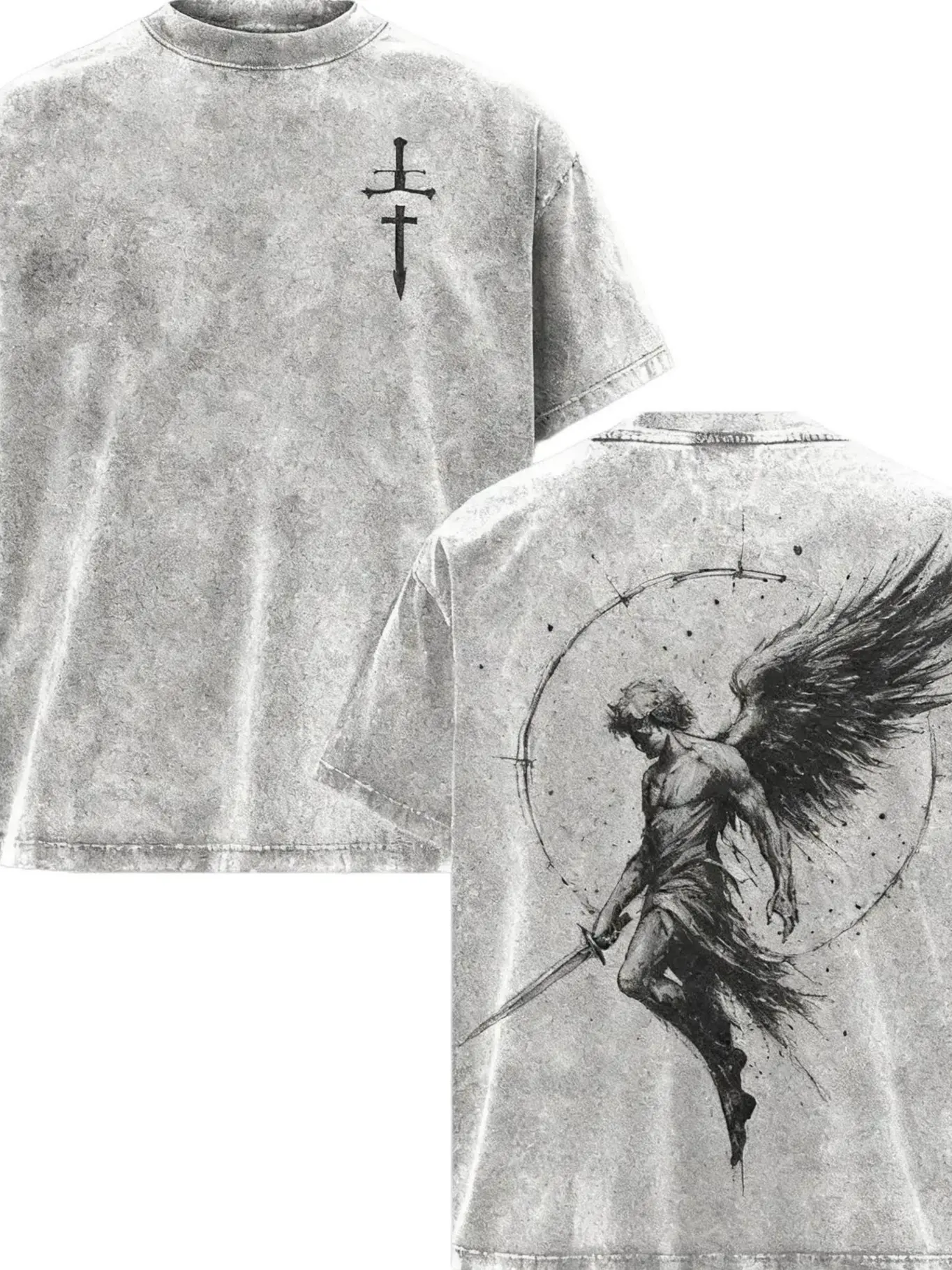 [BT] Fallen Angel Sword Washed Tee Vintage Heavy Cotton Graphic T-Shirt for Men, Oversized Breathable Streetwear Crew Neck Short Sleeve Couple Style Casual Top,  Gothic Dark   Repent Patterned Streetwear T-Shirt