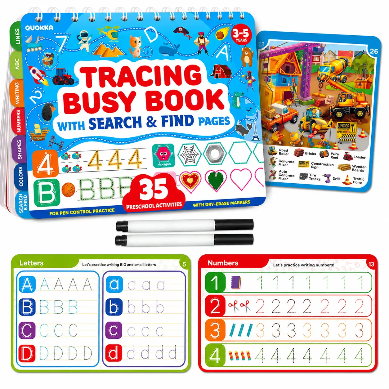 QUOKKA Unisex Busy Book for Toddlers 3-5 - Reusable Dry Erase Learning Workbook with Markers, Tracing, Hand Control, Numbers, Alphabet, Travel Quiet Time Educational Toy Gift for Toddler Learning Activities