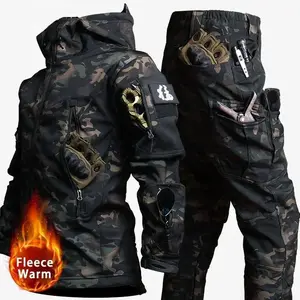 Winter Tactical Sets Men Outdoor Work Fleece Jacket Waterproof  Soft Shell Hooded Jacket Multi-pocket Cargo Pant 2 Pcs(Sheets)