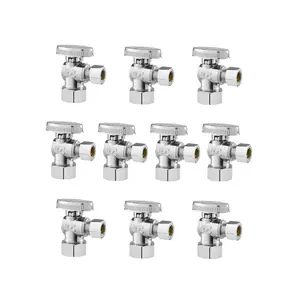 10 Pack Angle Stop Valve 1/4 Turn 5/8 Inch OD (1/2 Inch NOM) X 3/8 Inch OD Compression Fittings for Plumbing, Shutoff Valves, Residential And Commercial Use, Easy Quarter Turn Operation, Lead Free Brass