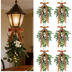 6 Pcs Spring Summer Green Eucalyptus Teardrop Swags 12" Artificial Eucalyptus Chandelier Swag Decor with Brown Velvet Bows Farmhouse Teardrop Wreaths for Indoor Outdoor Home Decor