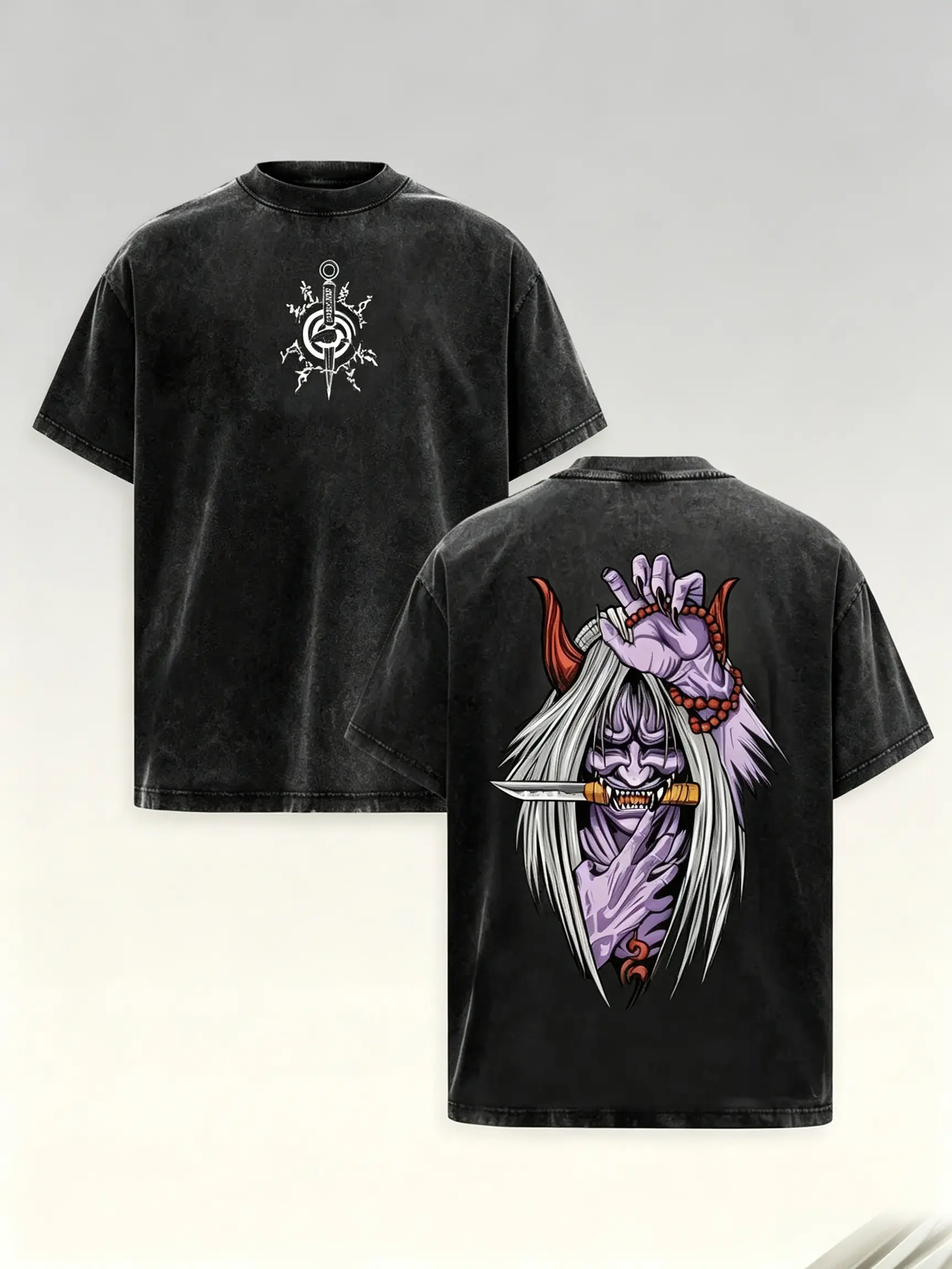 Vintage Acid Wash Japanese Oni Demon Graphic Tee Double Sided Sword Symbol Oversized Y2K Unisex Dark Grunge Streetwear Short Sleeve T-Shirt casual slim-fitting top f s day funny meme crewneck