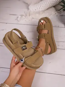 Women's Thick Sole Velcro Sandals, Textile Upper, Adjustable Straps, Casual Roman Shoes, All Season Footwear, Multiple Colors Available