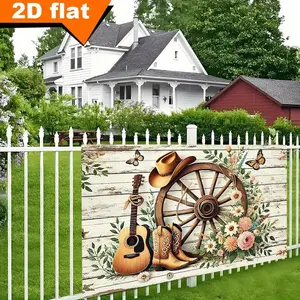 2D Flat 1PC Polyester Banner, Western Country Theme Design, Cowboy Boots, Guitar & Vintage Wagon Wheel with Wildflowers, Distressed Wood Background, Retro American Style, Ideal for Country Party, Cowboy Themed Event, Indoor Outdoor Decor, Durable Fabric,