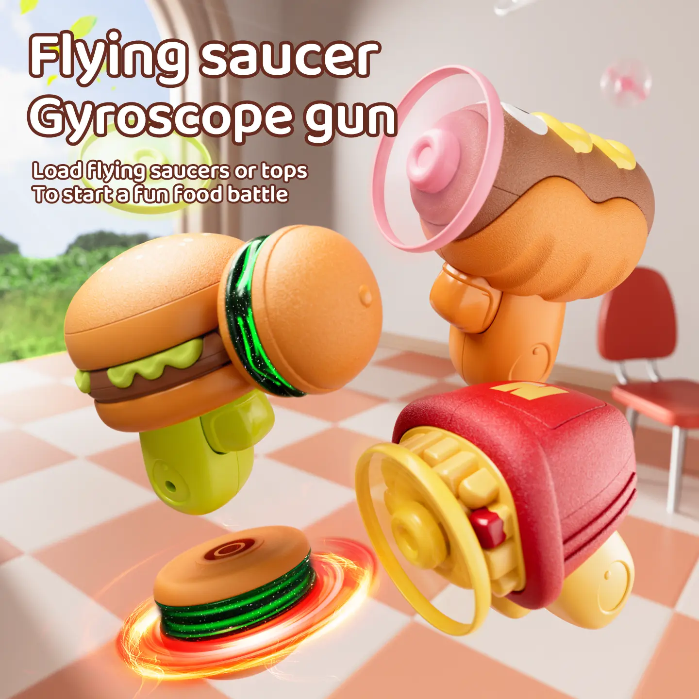 Multifunction Fetch Chase Game Toy Kit, Classic Spinning Top Toy Set with 1 Light-Up Gyroscope Gun, 4 Flying Propellers & Flying Saucer for Outdoor Party, Birthday Gifts