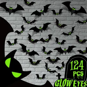 Halloween Decorations - Indoor 3D Bats Wall Decor with Glow Eyes for , Room, Bathroom, Outdoor - 124 count