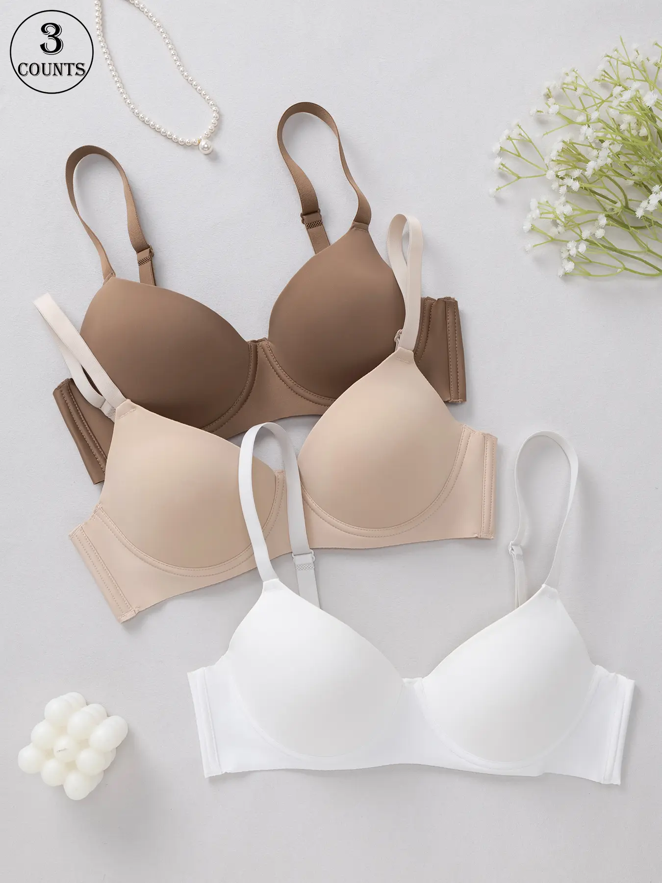 3-piece seamless women's bras, Basic, high-support push-up style with Underwire Unlined, adjustable shoulder straps with hook closure, comfortable, skin-friendly, breathable, perfect for daily wear, yoga, and sport