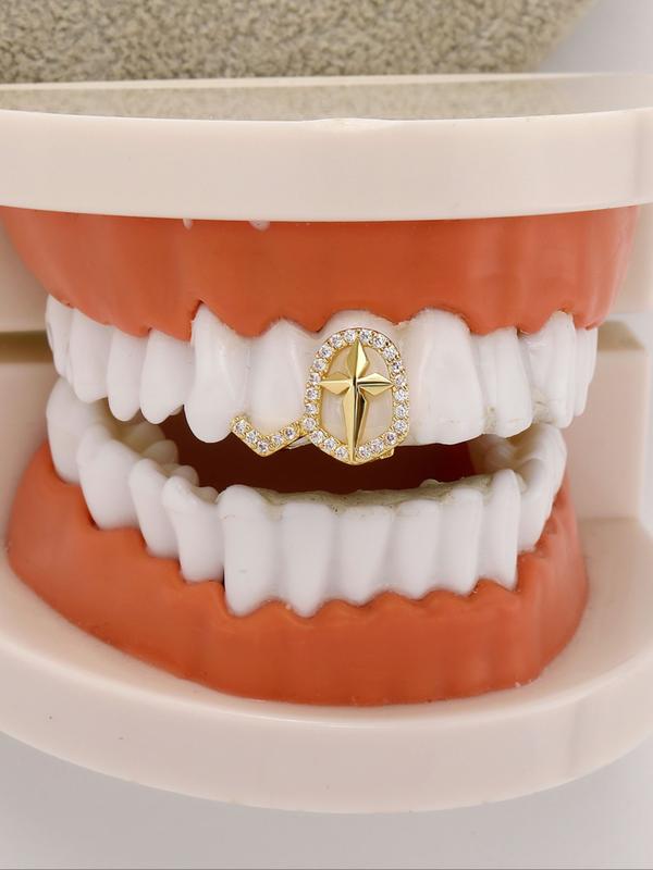 CRUSH CR 1pc 18K Gold Plated Copper Cross Star Grillz with CZ Stones, Silver & Gold Finish – Elegant Hip-Hop Tooth Jewelry Tooth Gems for Female, Black Women, Girls, Men & Boys. Perfect for Parties, Halloween, Cosplay & Gifts! Trendy Bling Accessory