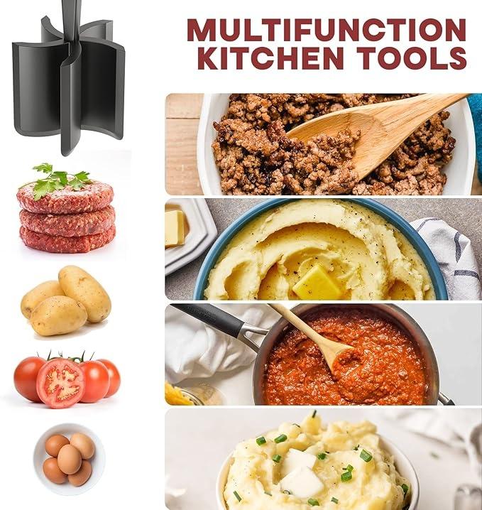 Meat Chopper & Hamburger Grinder – Heat Resistant Nylon Meat Masher, Ground Beef Smasher Tool, Potato Masher & Meat Tenderizer for Kitchen Cooking (Black)