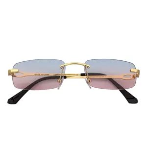 CHANELLE Rimless Small Rectangle Sunglasses Gold Blue-Pink Fade Lens Lightweight Metal Frame UV400 Protection