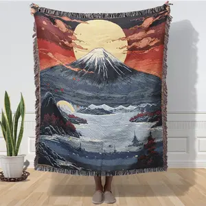 Mount Fuji Pattern Woven Jacquard Blanket, Colorful Fringe Trim, Cozy Throw Blanket, Indoor Outdoor Use, Multi-Purpose Bed, Sofa, Air Conditioning, Picnic Blanket