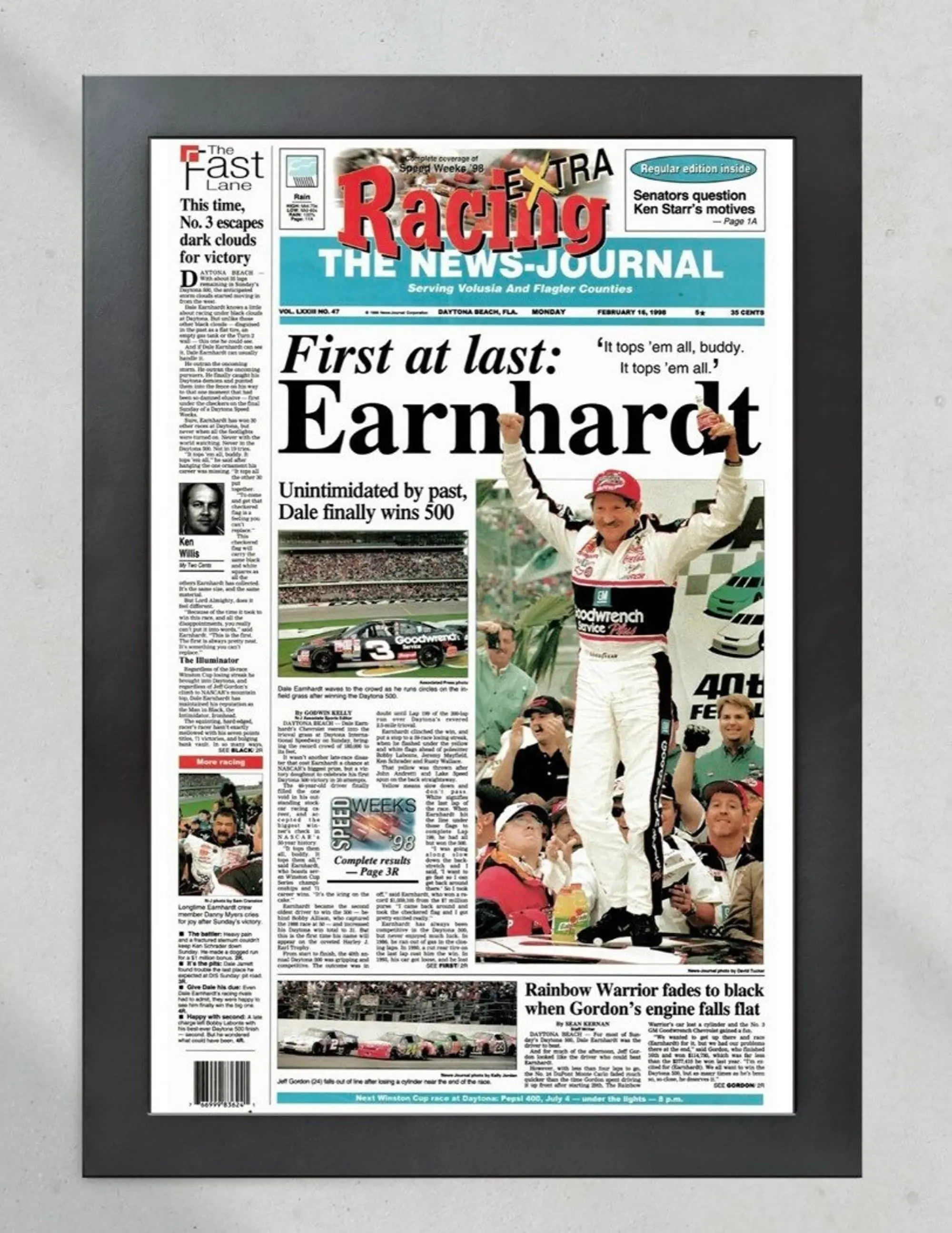 1998 Daytona 500 Dale Earnhardt Victory Front Page Poster Print( Unframed - Print Only )