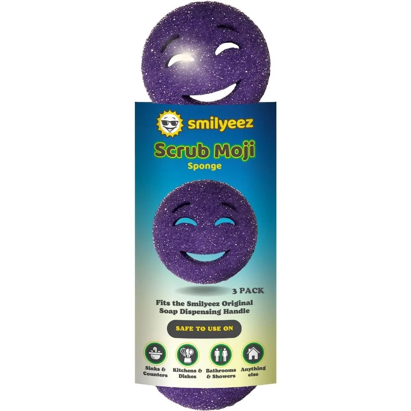The Original Scrub Moji Scrubbing Sponge by Smilyeez (Set of 3) - Purple - Temperature-Responsive Polymer Foam, Stain and Odor Resistant, Ideal for Kitchen and Bathroom Cleaning